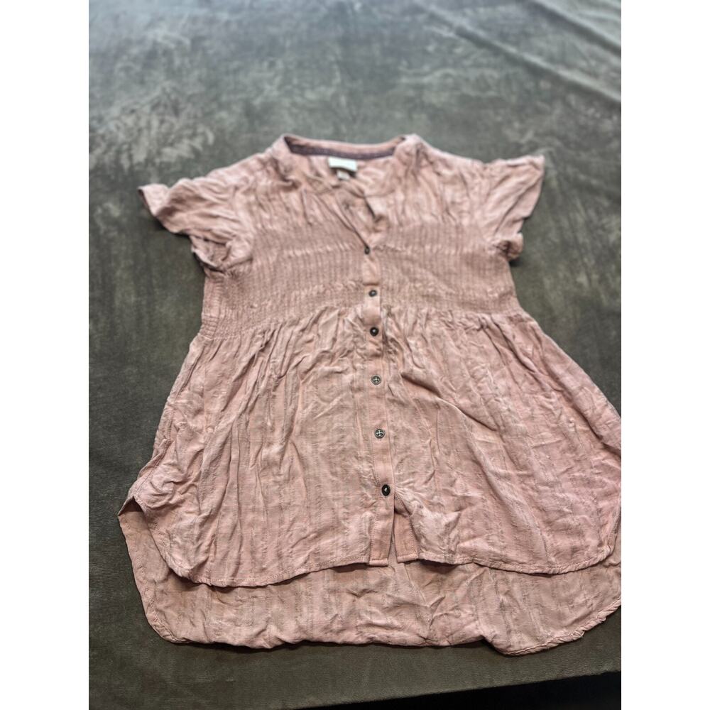 Knox Rose Womens Shirt Short Sleeve Button Down Gathered V-Neck Small